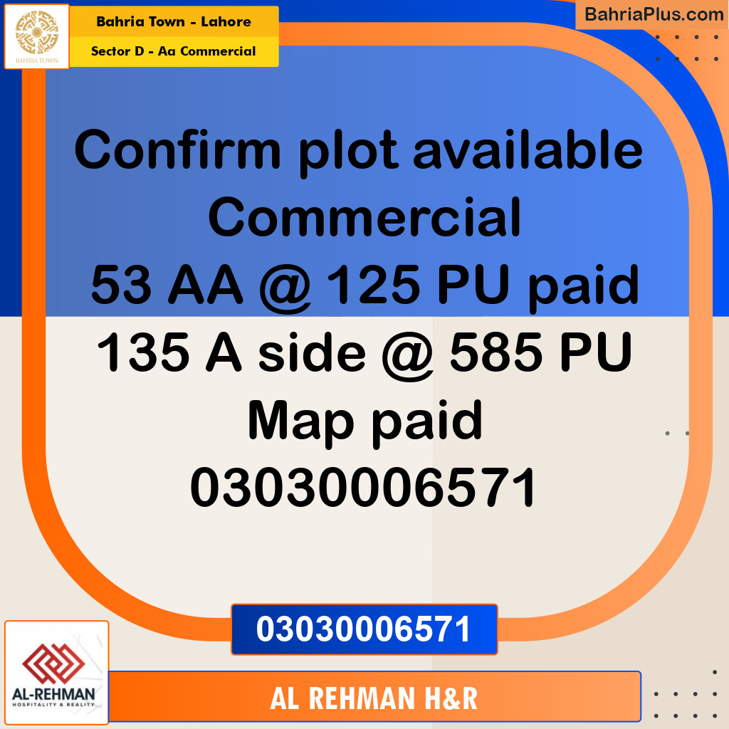 2 Marla Commercial Plot for Sale in Sector D - AA Commercial -  Bahria Town, Lahore - (BP-309615)