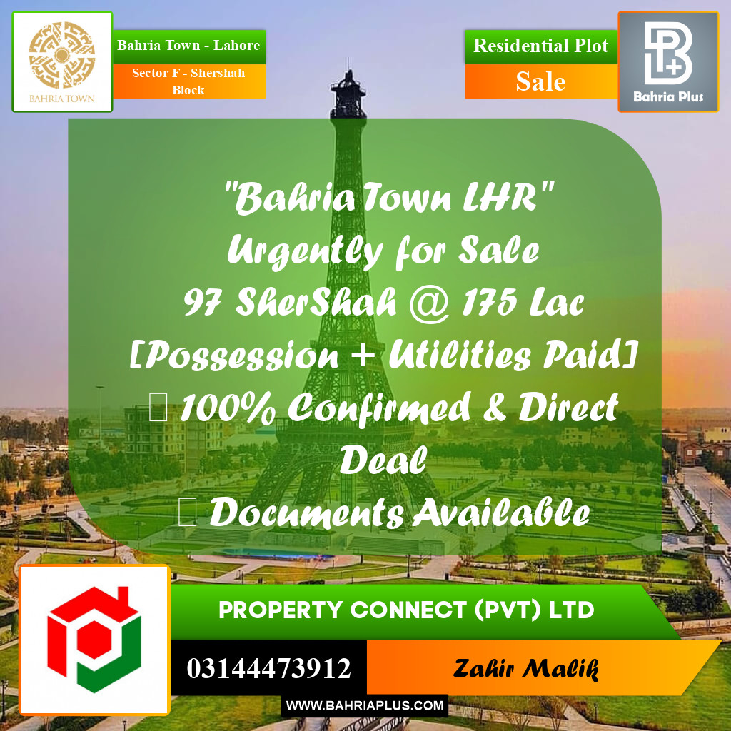 10 Marla Residential Plot for Sale in Sector F - Shershah Block -  Bahria Town, Lahore - (BP-309638)