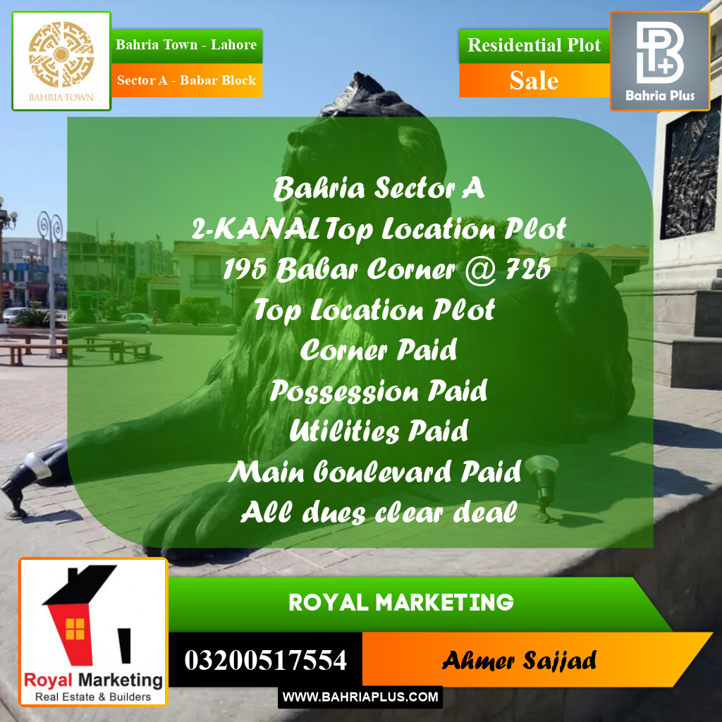2 Kanal Residential Plot for Sale in Sector A - Babar Block -  Bahria Town, Lahore - (BP-309721)