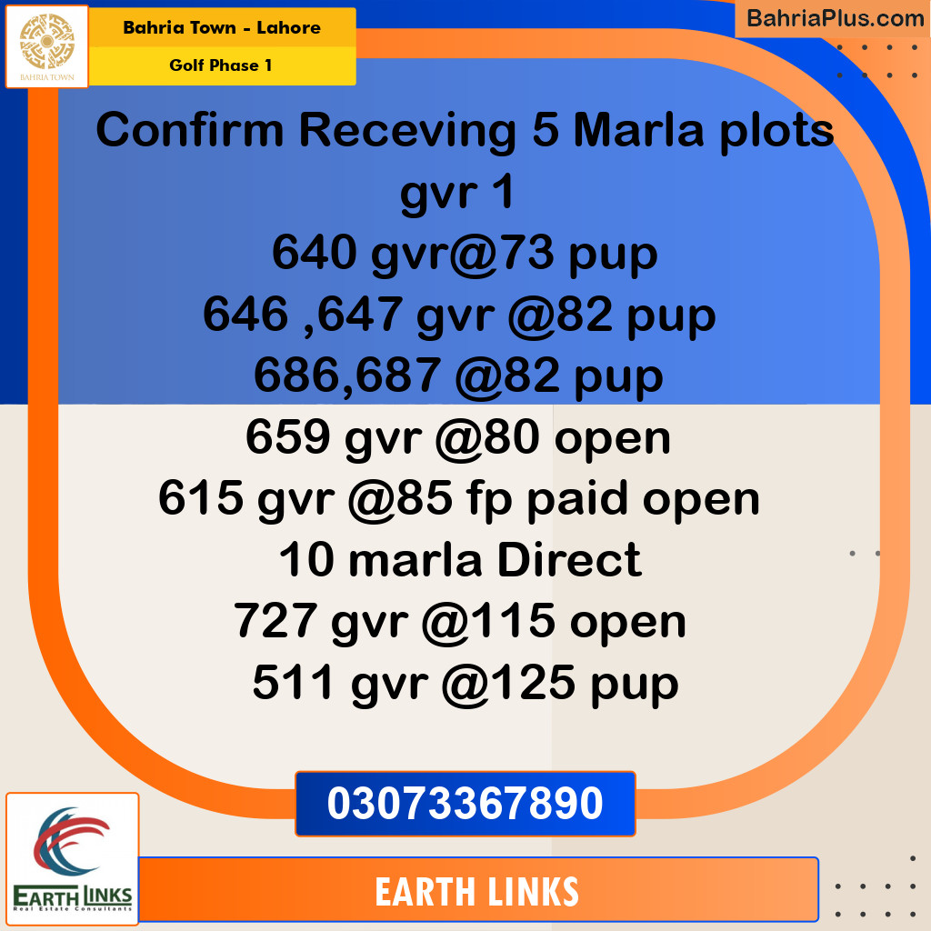 5 Marla Residential Plot for Sale in Golf Phase 1 -  Bahria Town, Lahore - (BP-309814)