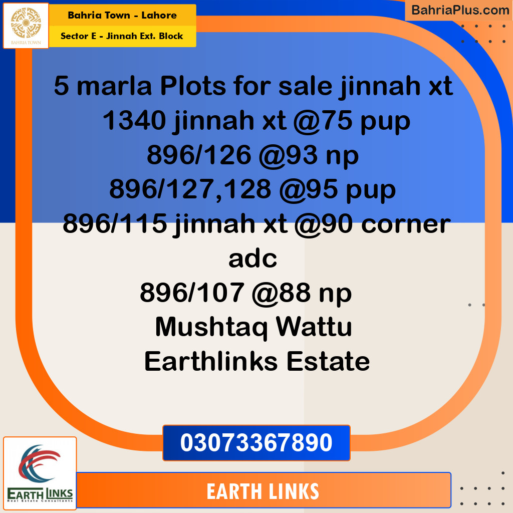 5 Marla Residential Plot for Sale in Sector E - Jinnah Ext. Block -  Bahria Town, Lahore - (BP-309816)