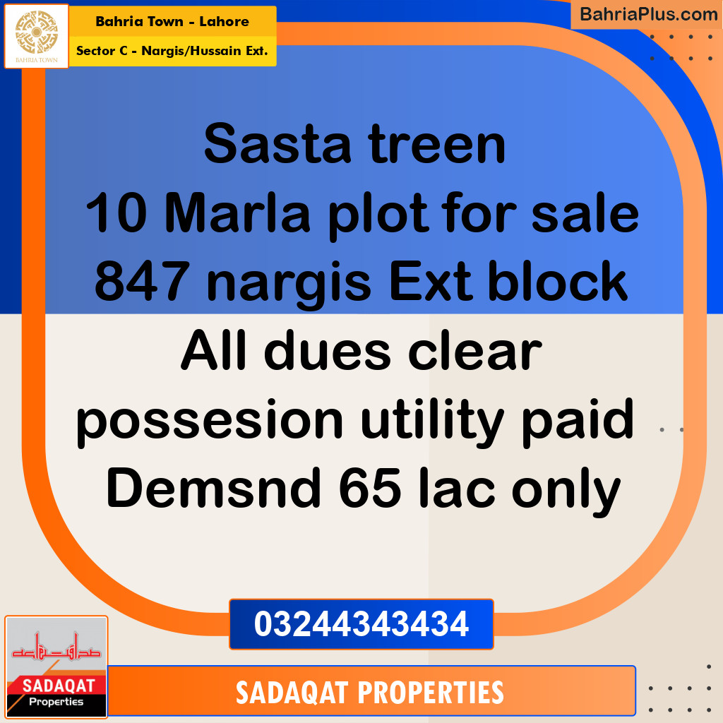 10 Marla Residential Plot for Sale in Sector C - Nargis/Hussain Ext. -  Bahria Town, Lahore - (BP-309946)