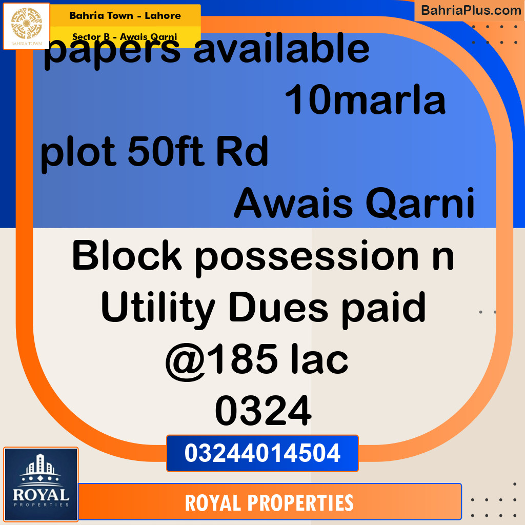 Residential Plot for Sale in Sector B - Awais Qarni -  Bahria Town, Lahore - (BP-309970)