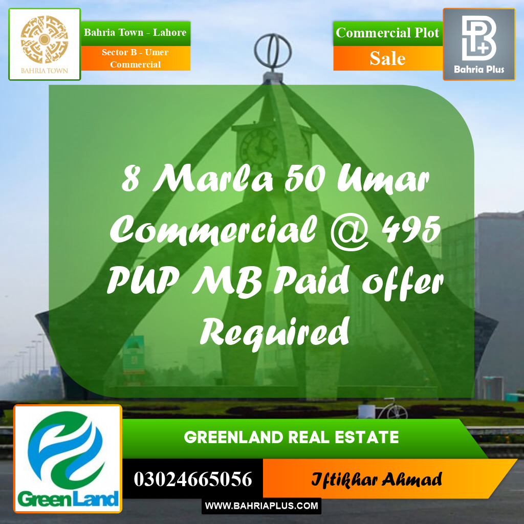8 Marla Commercial Plot for Sale in Sector B - Umer Commercial -  Bahria Town, Lahore - (BP-309975)