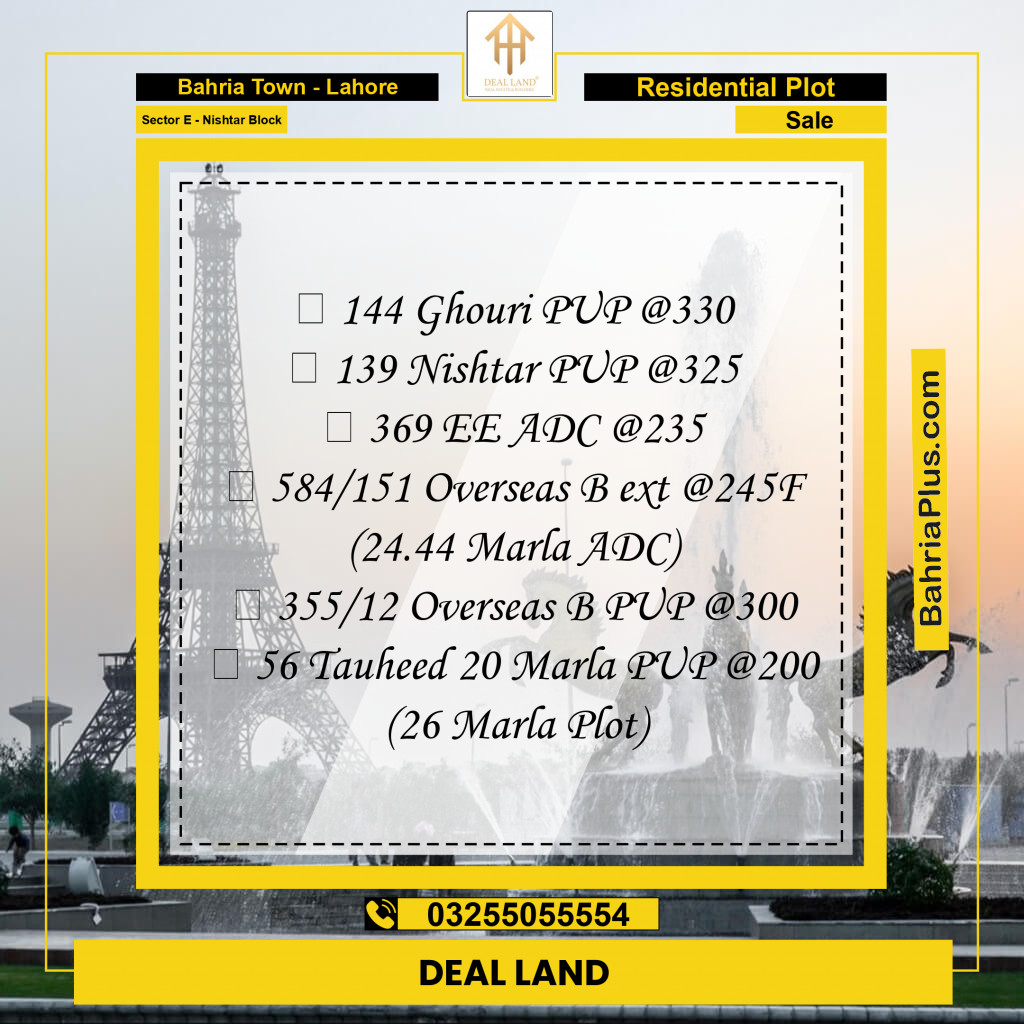1 Kanal Residential Plot for Sale in Sector E - Nishtar Block -  Bahria Town, Lahore - (BP-310004)
