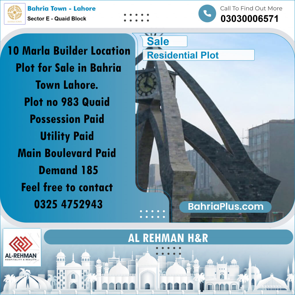 10 Marla Residential Plot for Sale in Sector E - Quaid Block -  Bahria Town, Lahore - (BP-310088)