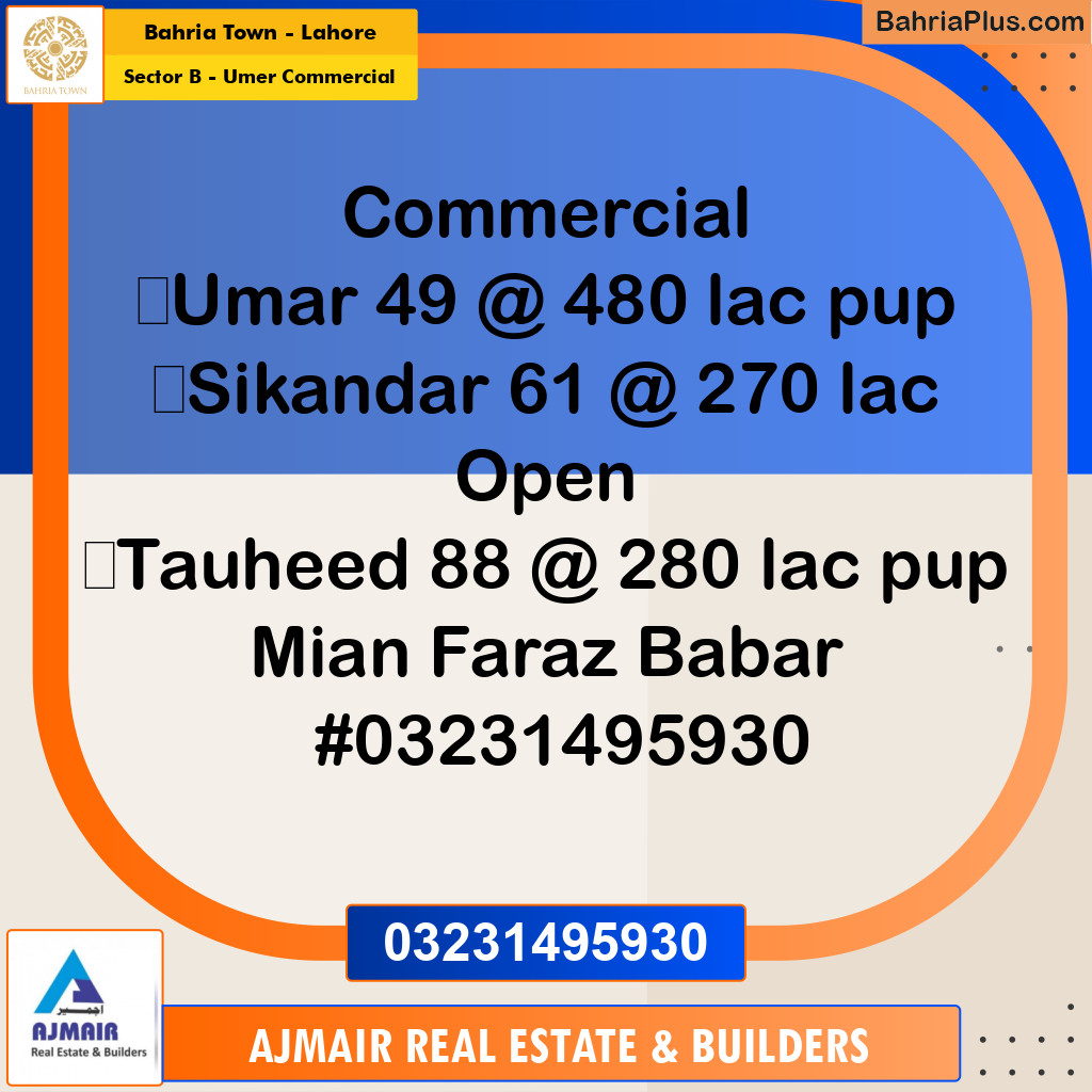 8 Marla Commercial Plot for Sale in Sector B - Umer Commercial -  Bahria Town, Lahore - (BP-310103)