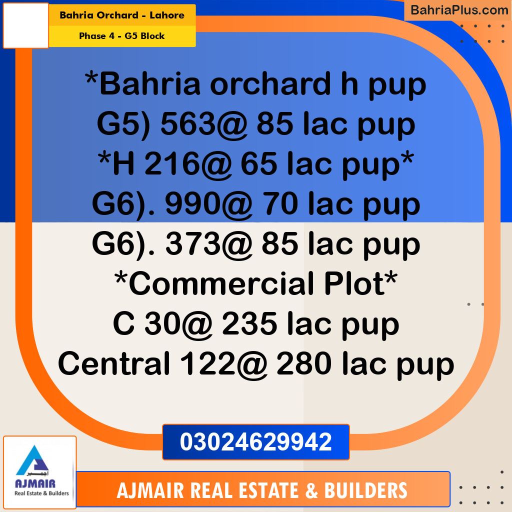 10 Marla Residential Plot for Sale in Phase 4 - G5 Block -  Bahria Orchard, Lahore - (BP-310119)