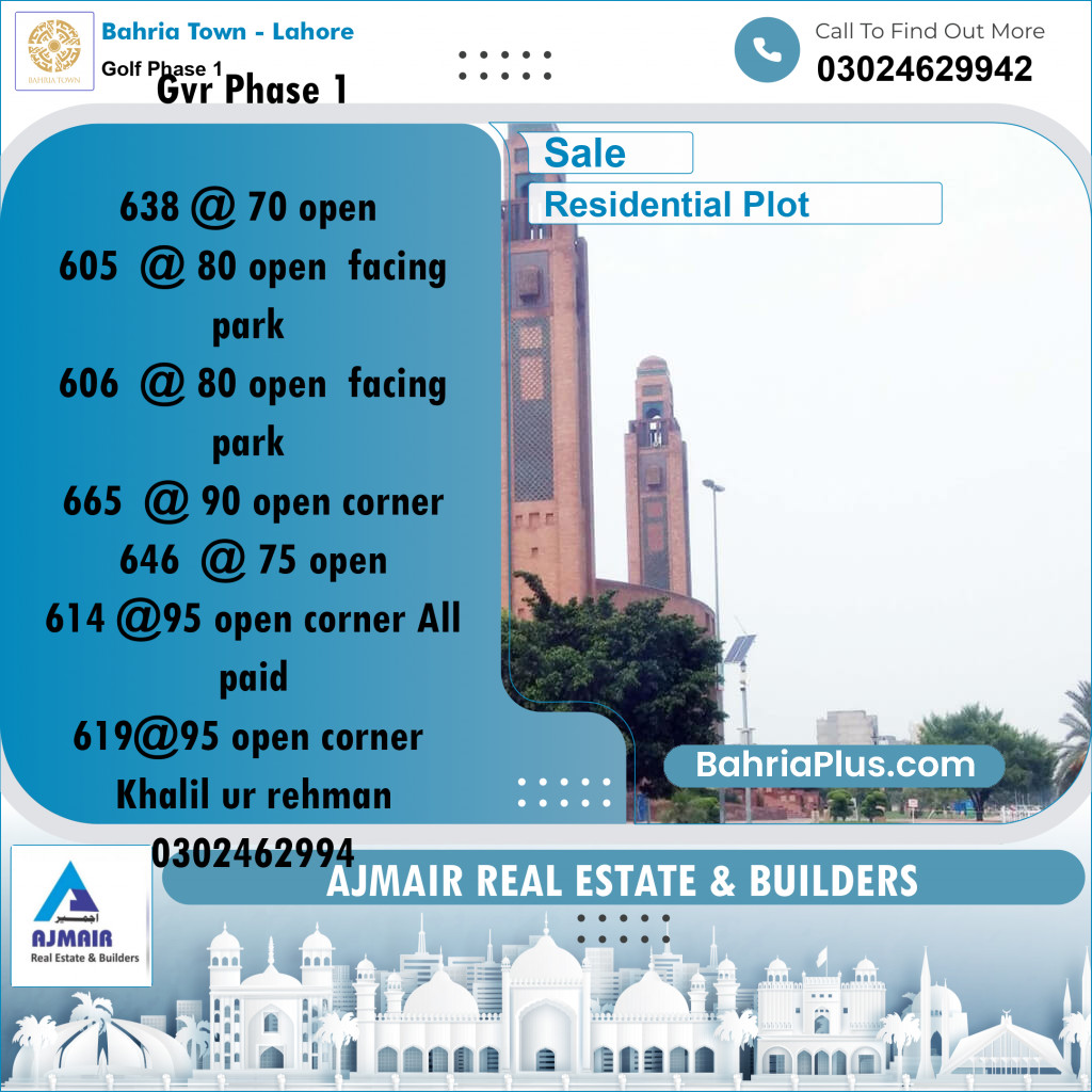 5 Marla Residential Plot for Sale in Golf Phase 1 -  Bahria Town, Lahore - (BP-310126)