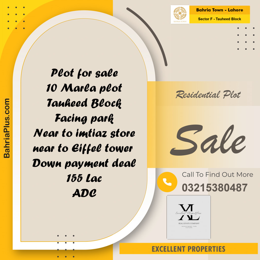 10 Marla Residential Plot for Sale in Sector F - Tauheed Block -  Bahria Town, Lahore - (BP-310339)