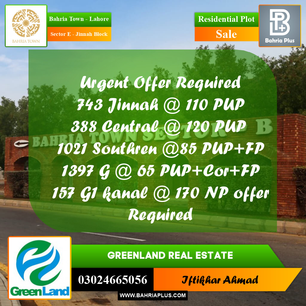 10 Marla Residential Plot for Sale in Sector E - Jinnah Block -  Bahria Town, Lahore - (BP-310429)