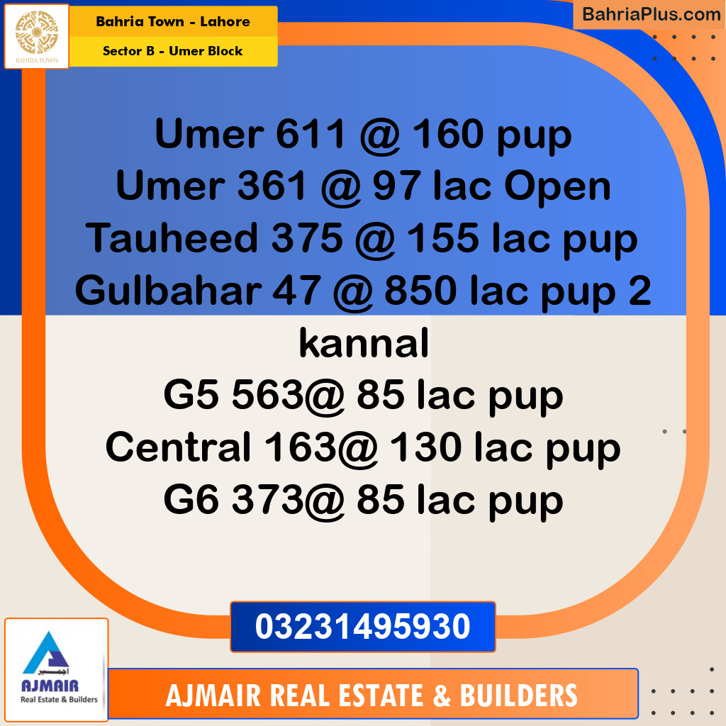 8 Marla Residential Plot for Sale in Sector B - Umer Block -  Bahria Town, Lahore - (BP-310431)