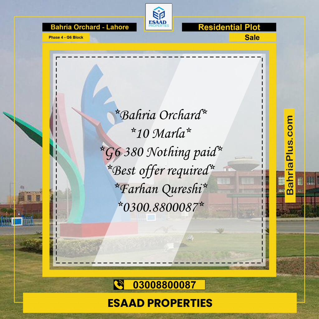 10 Marla Residential Plot for Sale in Phase 4 - G6 Block -  Bahria Orchard, Lahore - (BP-310452)