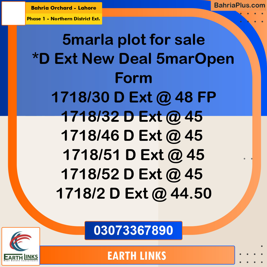 5 Marla Residential Plot for Sale in Phase 1 - Northern District Ext. -  Bahria Orchard, Lahore - (BP-310550)