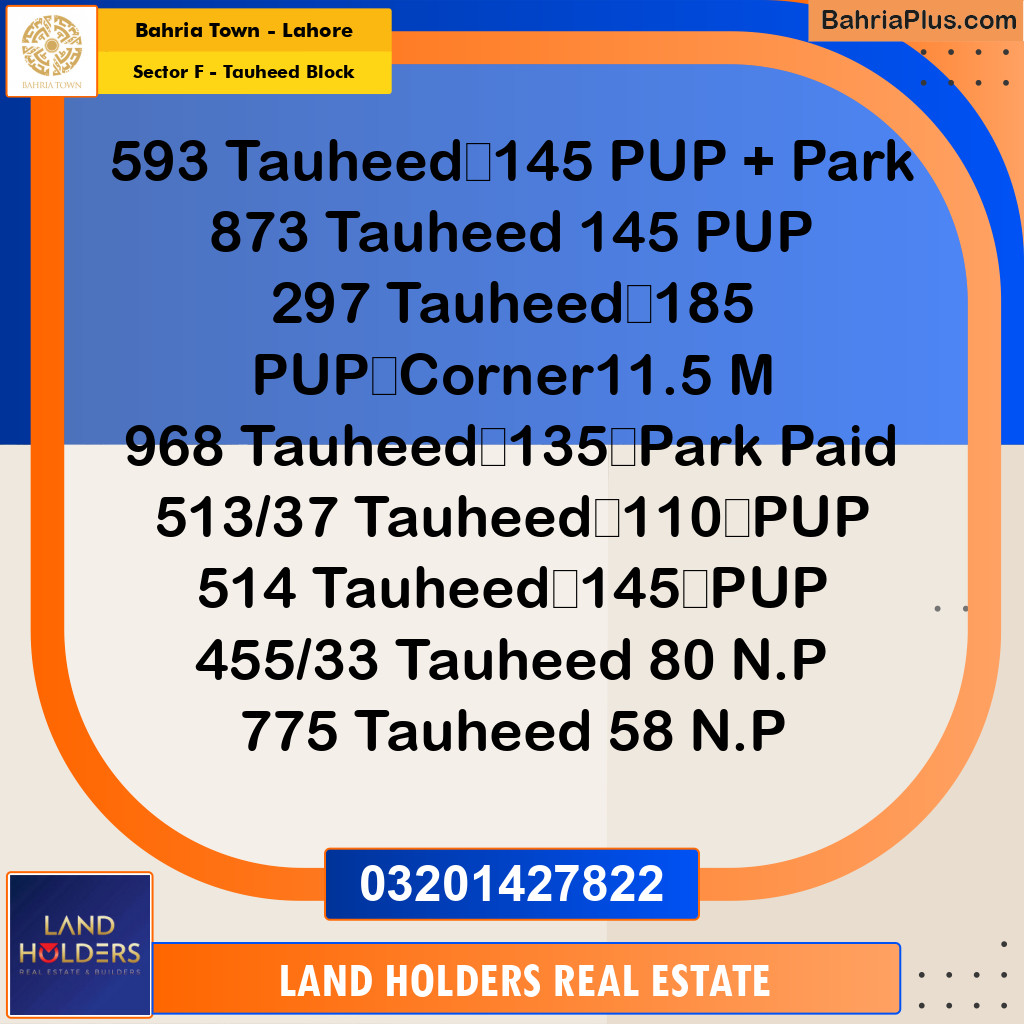 Residential Plot for Sale in Sector F - Tauheed Block -  Bahria Town, Lahore - (BP-310610)