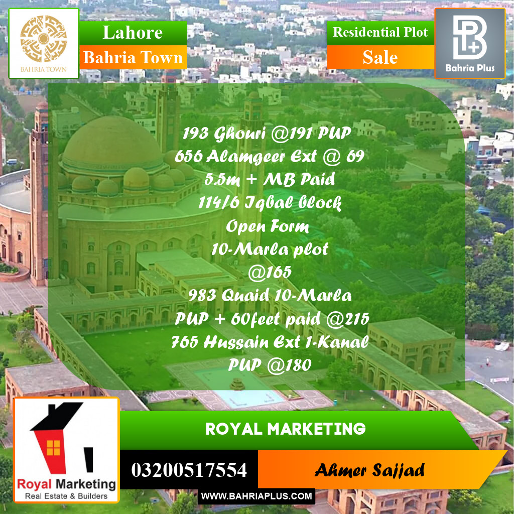 Residential Plot for Sale in Bahria Town, Lahore - (BP-310613)