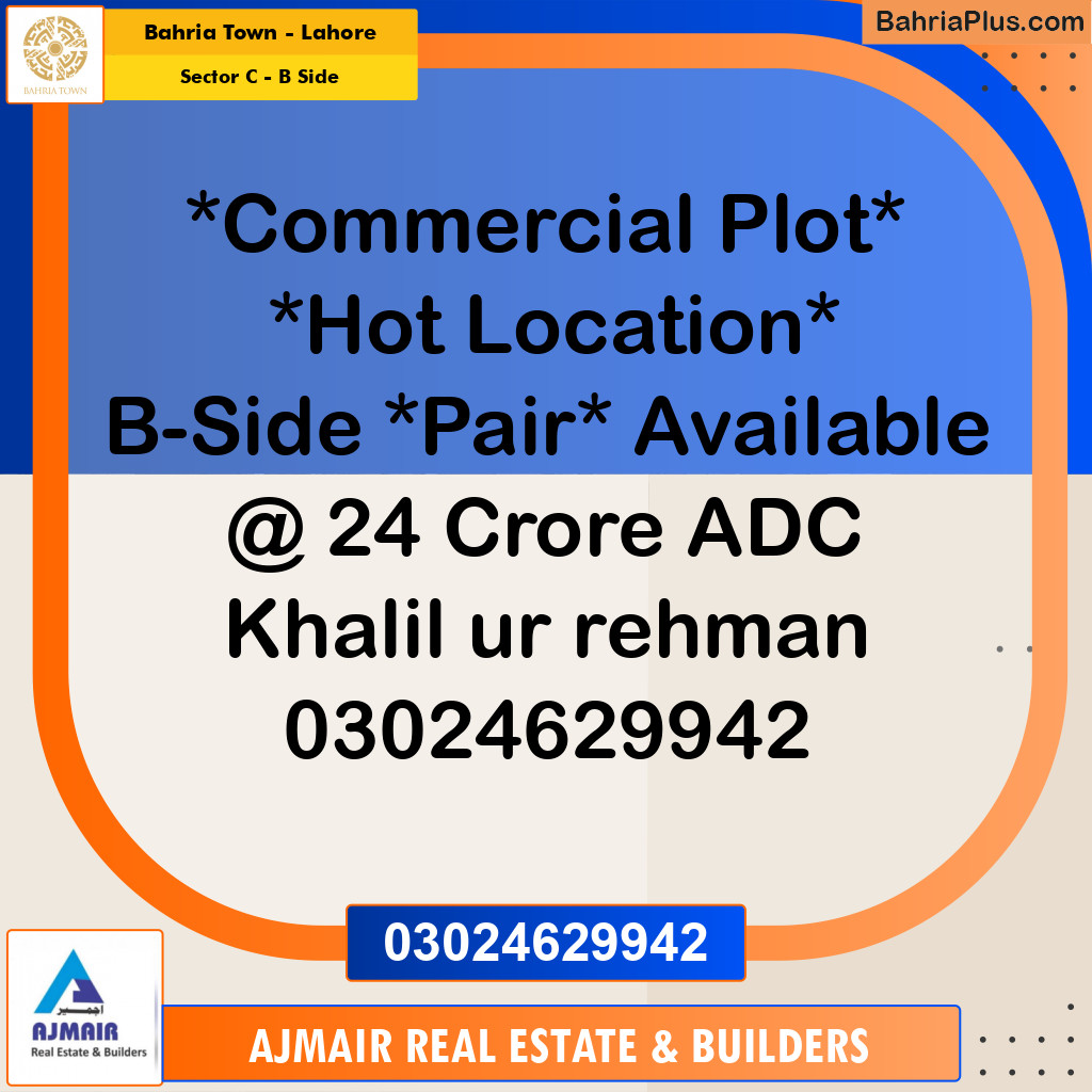8 Marla Commercial Plot for Sale in Sector C - B Side -  Bahria Town, Lahore - (BP-310655)