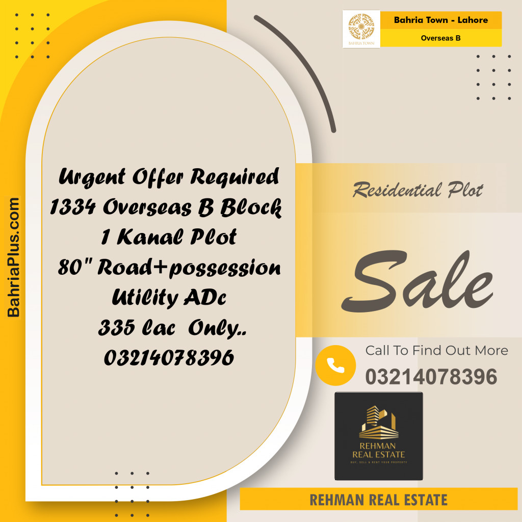 1 Kanal Residential Plot for Sale in Overseas B -  Bahria Town, Lahore - (BP-310669)