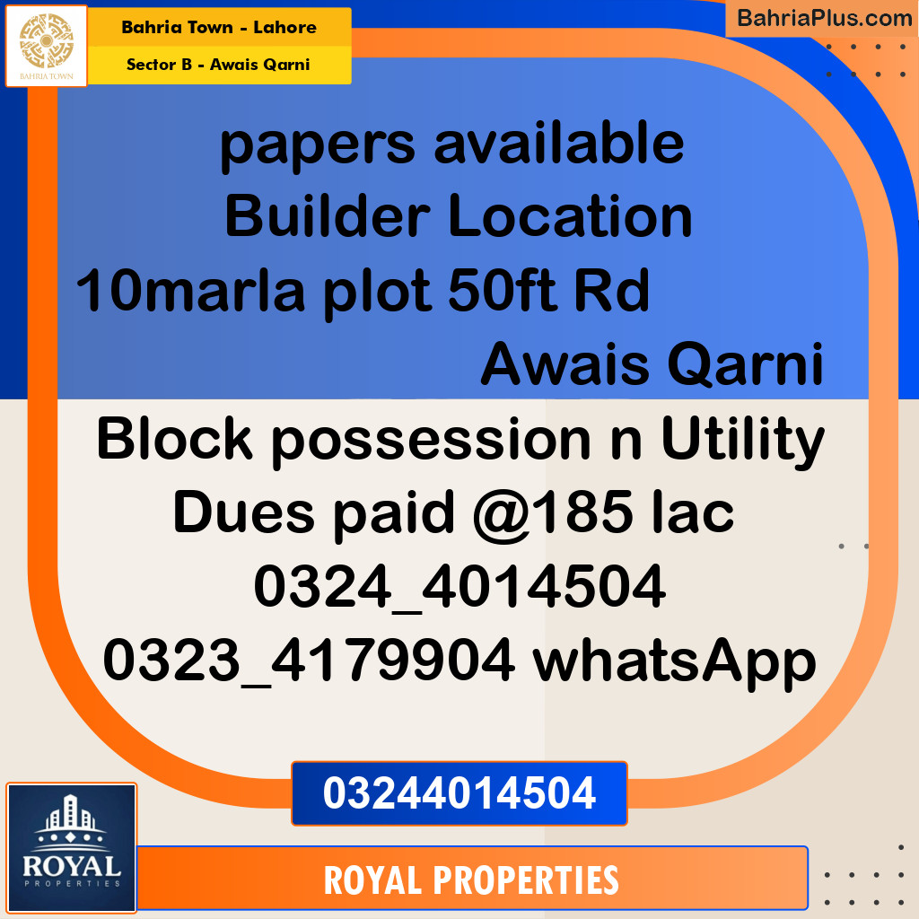 Residential Plot for Sale in Sector B - Awais Qarni -  Bahria Town, Lahore - (BP-310898)