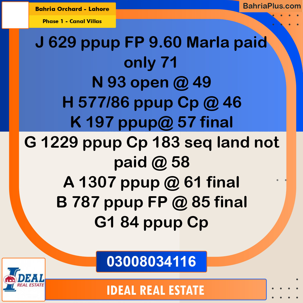 20 Marla Residential Plot for Sale in Phase 1 - Canal Villas -  Bahria Orchard, Lahore - (BP-311145)
