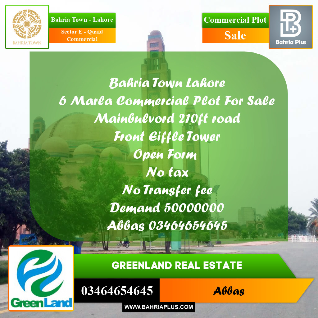 6 Marla Commercial Plot for Sale in Sector E - Quaid Commercial -  Bahria Town, Lahore - (BP-311172)