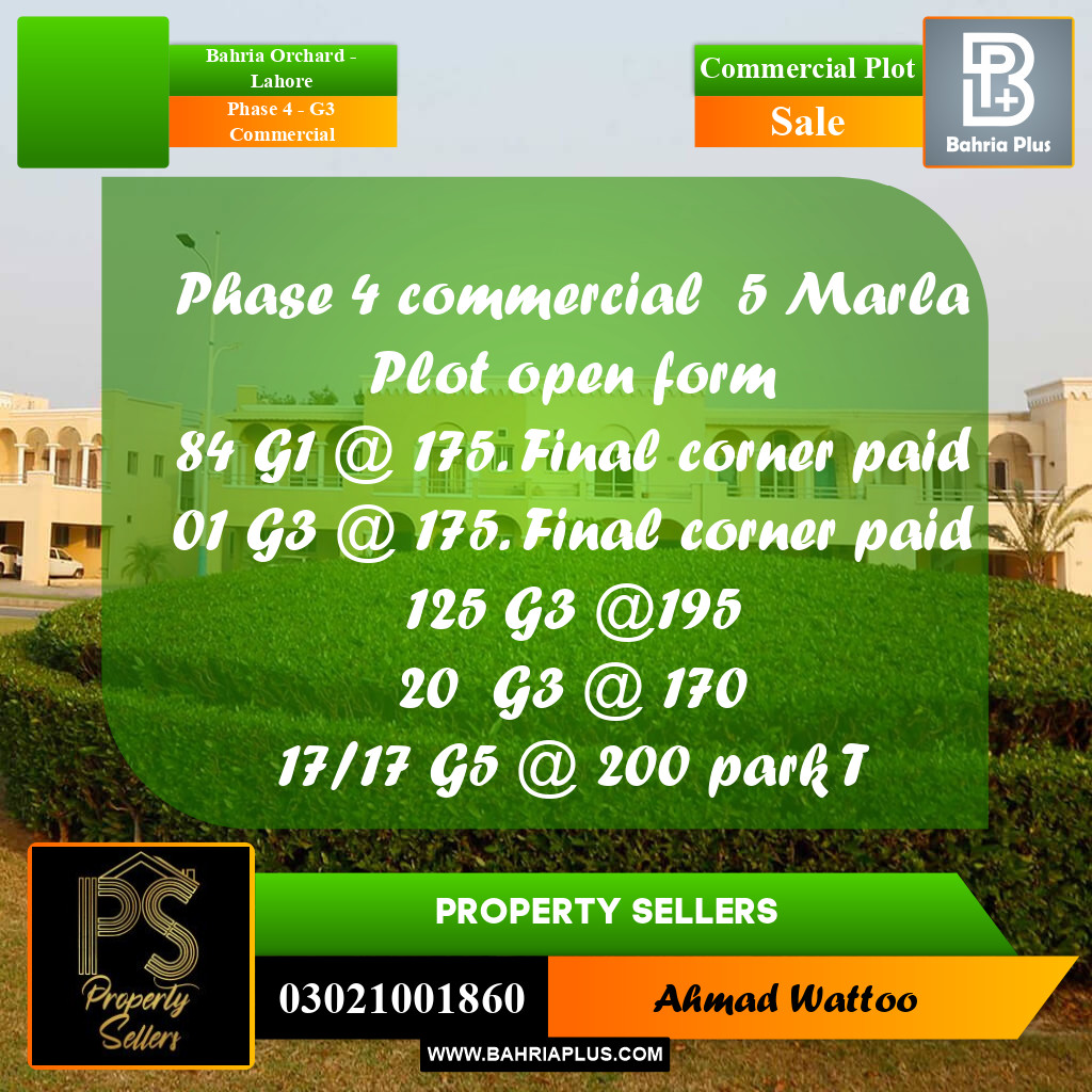 5 Marla Commercial Plot for Sale in Phase 4 - G3 Commercial -  Bahria Orchard, Lahore - (BP-311325)