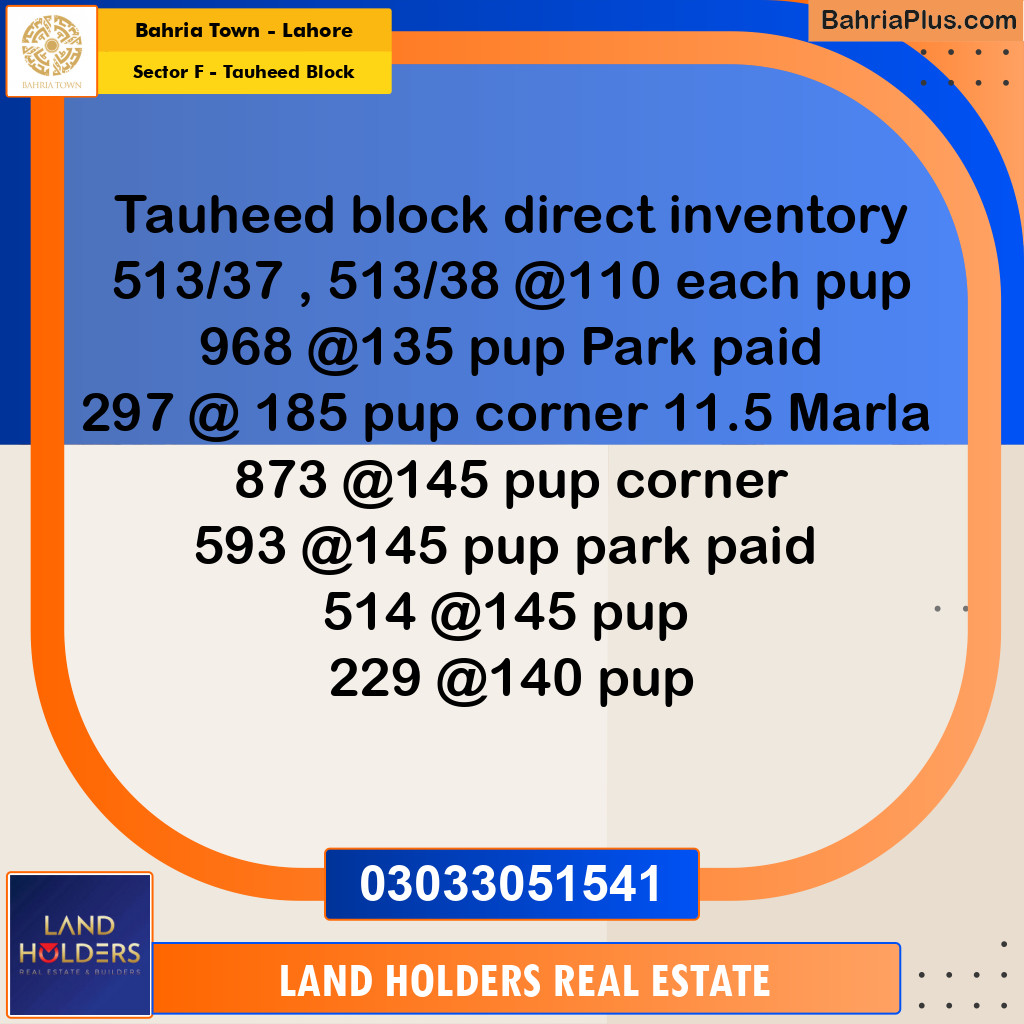 10 Marla Residential Plot for Sale in Sector F - Tauheed Block -  Bahria Town, Lahore - (BP-311398)