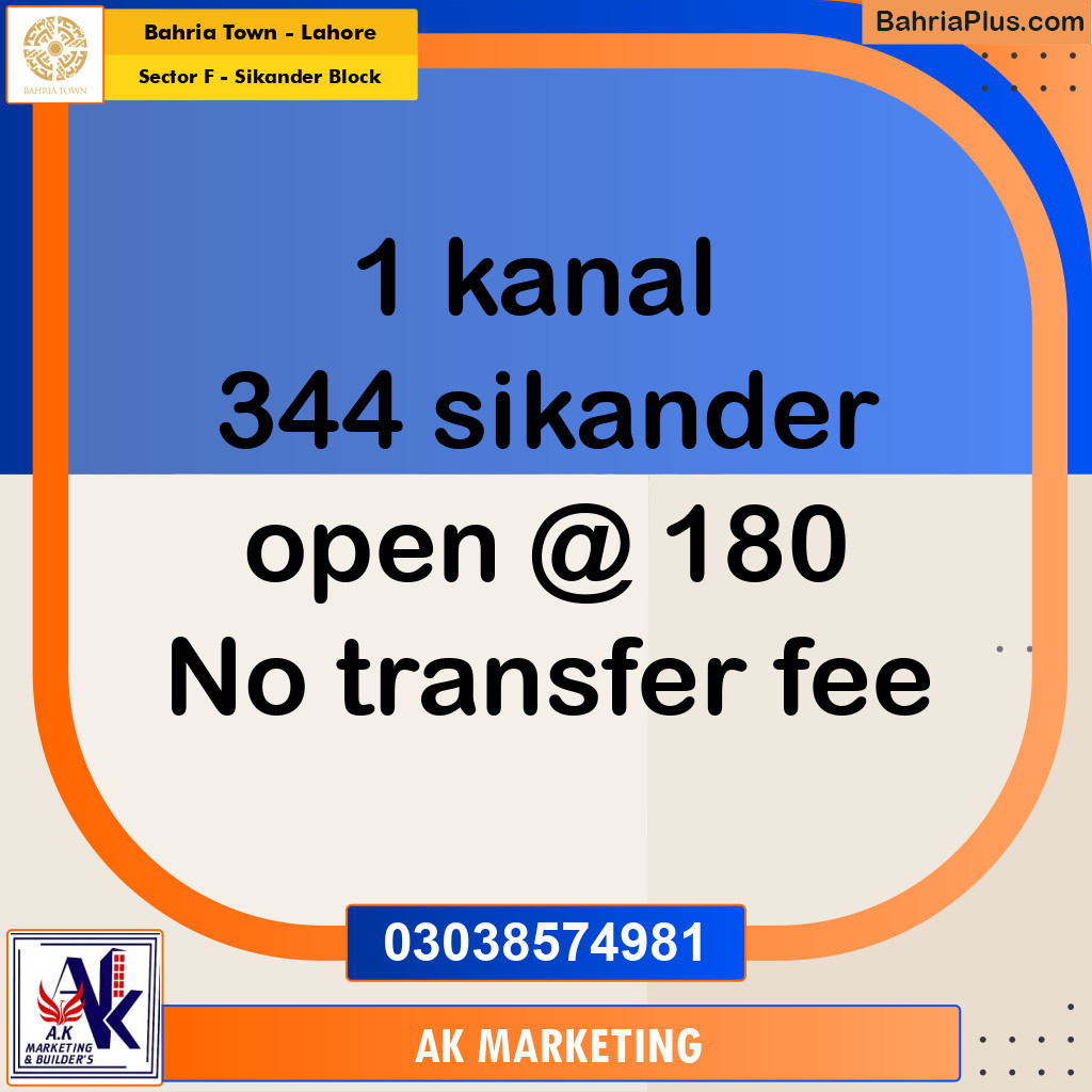 1 Kanal Residential Plot for Sale in Sector F - Sikander Block -  Bahria Town, Lahore - (BP-311407)