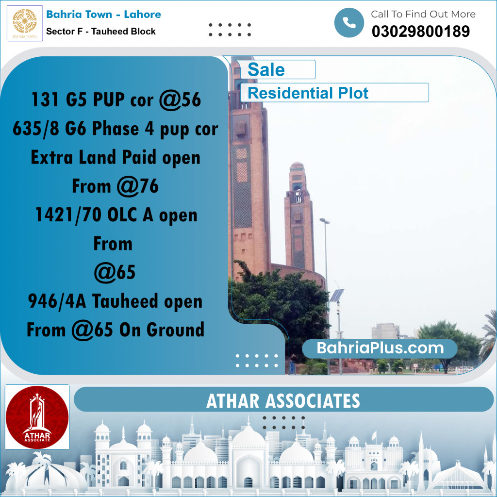 5 Marla Residential Plot for Sale in Sector F - Tauheed Block -  Bahria Town, Lahore - (BP-311419)