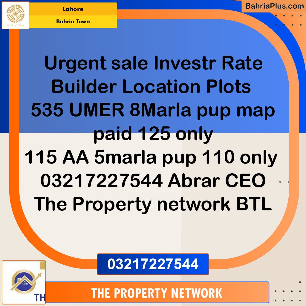 8 Marla Residential Plot for Sale in Bahria Town, Lahore - (BP-311424)