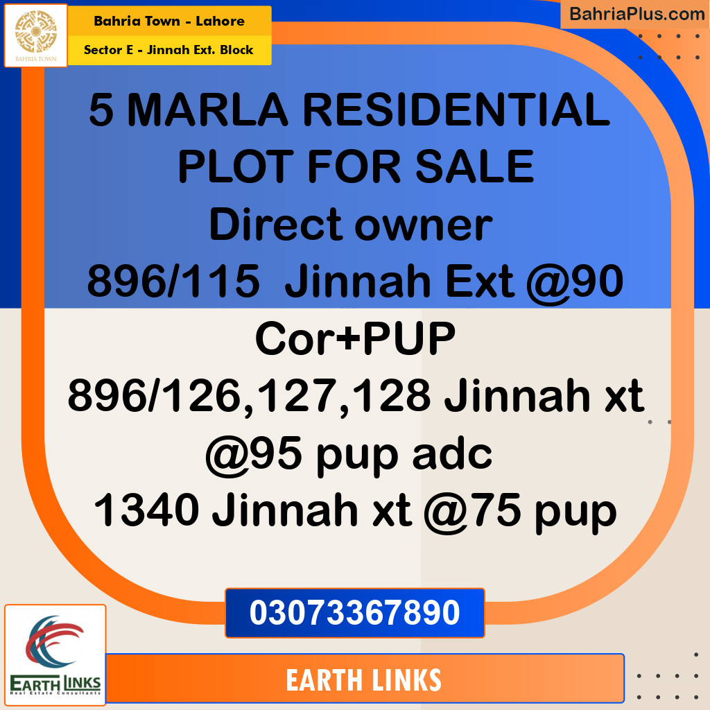 5 Marla Residential Plot for Sale in Sector E - Jinnah Ext. Block -  Bahria Town, Lahore - (BP-311470)