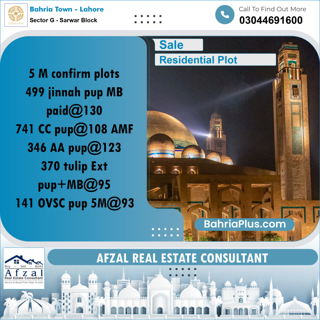 Residential Plot for Sale in Sector G - Sarwar Block -  Bahria Town, Lahore - (BP-311482)