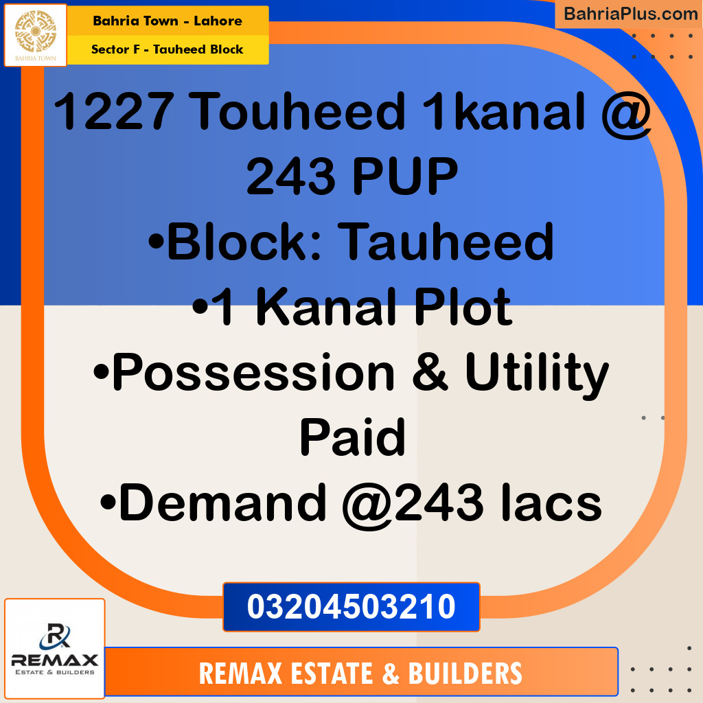 1 Kanal Residential Plot for Sale in Sector F - Tauheed Block -  Bahria Town, Lahore - (BP-311521)