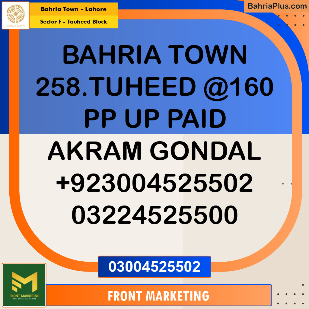 Residential Plot for Sale in Sector F - Tauheed Block -  Bahria Town, Lahore - (BP-311622)