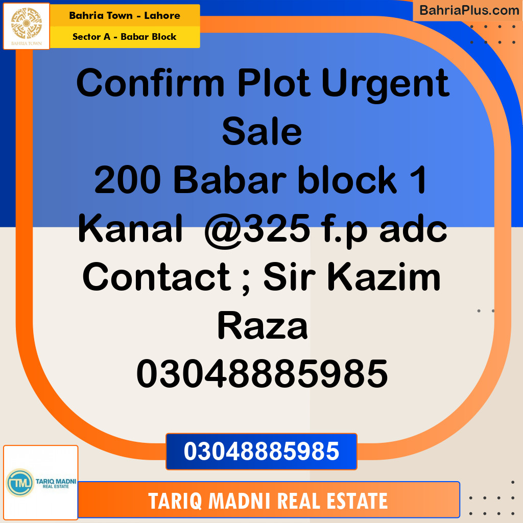 1 Kanal Residential Plot for Sale in Sector A - Babar Block -  Bahria Town, Lahore - (BP-311662)