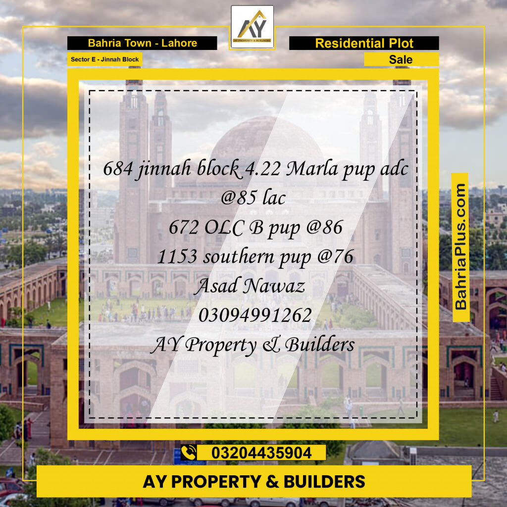 4.22 Marla Residential Plot for Sale in Sector E - Jinnah Block -  Bahria Town, Lahore - (BP-311682)