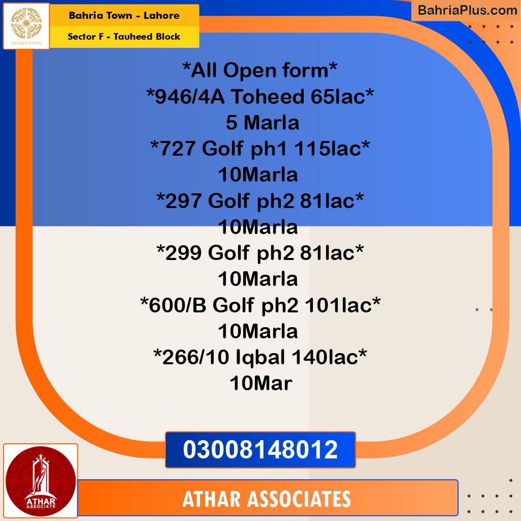 5 Marla Residential Plot for Sale in Sector F - Tauheed Block -  Bahria Town, Lahore - (BP-311767)