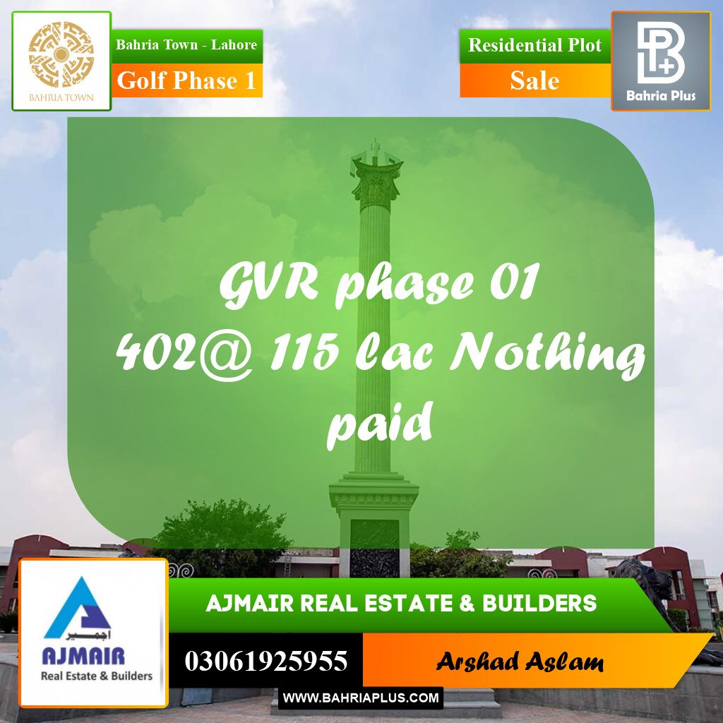 10 Marla Residential Plot for Sale in Golf Phase 1 -  Bahria Town, Lahore - (BP-312033)