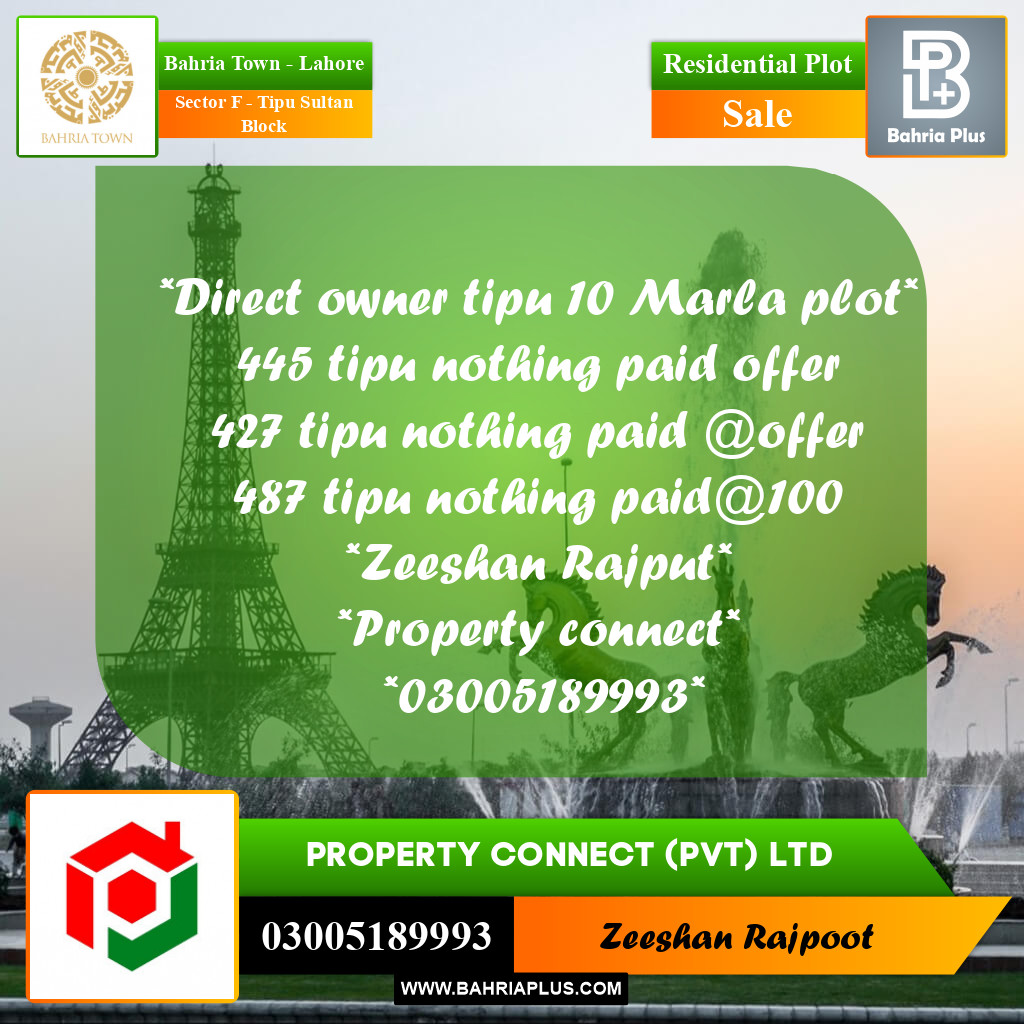 Residential Plot for Sale in Sector F - Tipu Sultan Block -  Bahria Town, Lahore - (BP-312160)