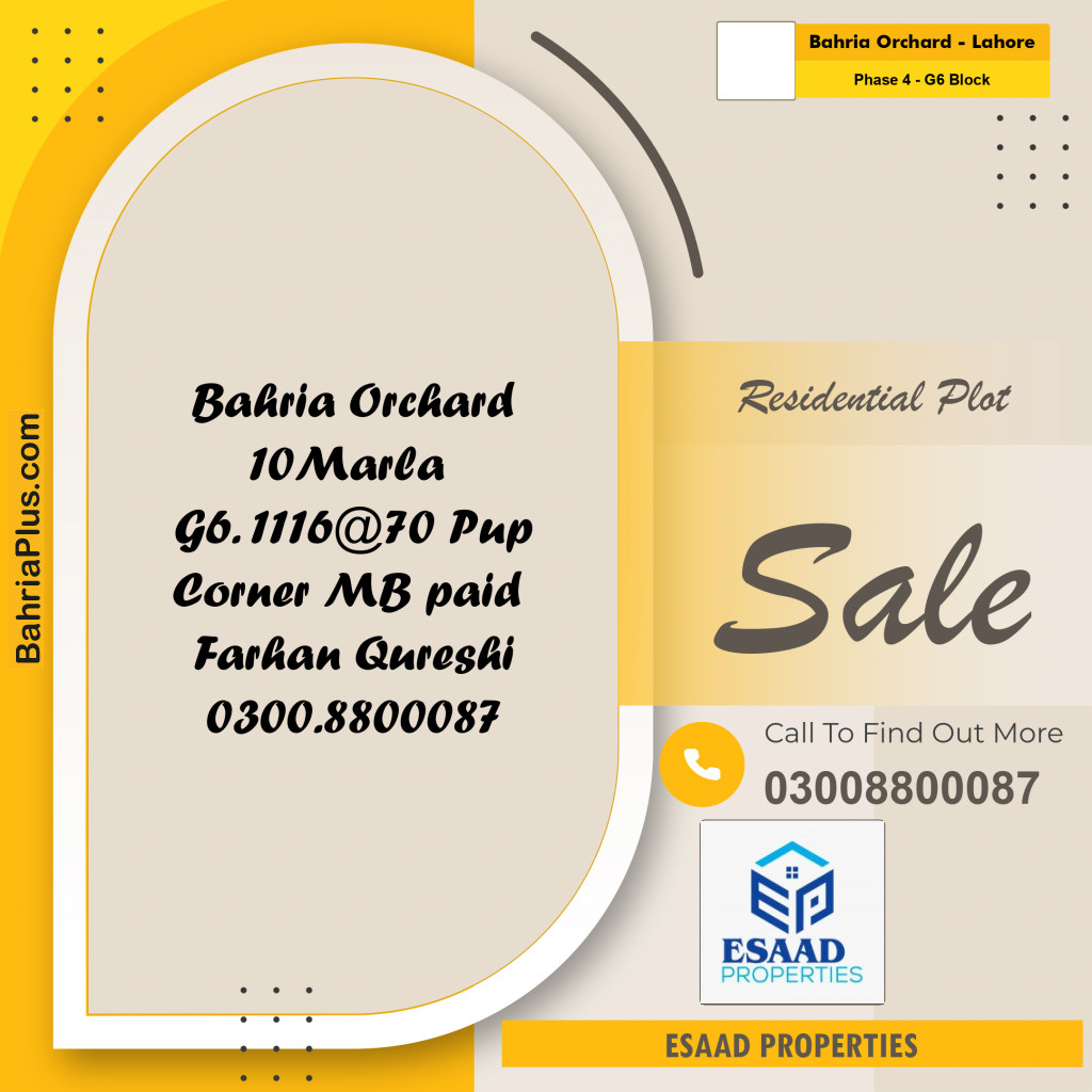 10 Marla Residential Plot for Sale in Phase 4 - G6 Block -  Bahria Orchard, Lahore - (BP-312226)