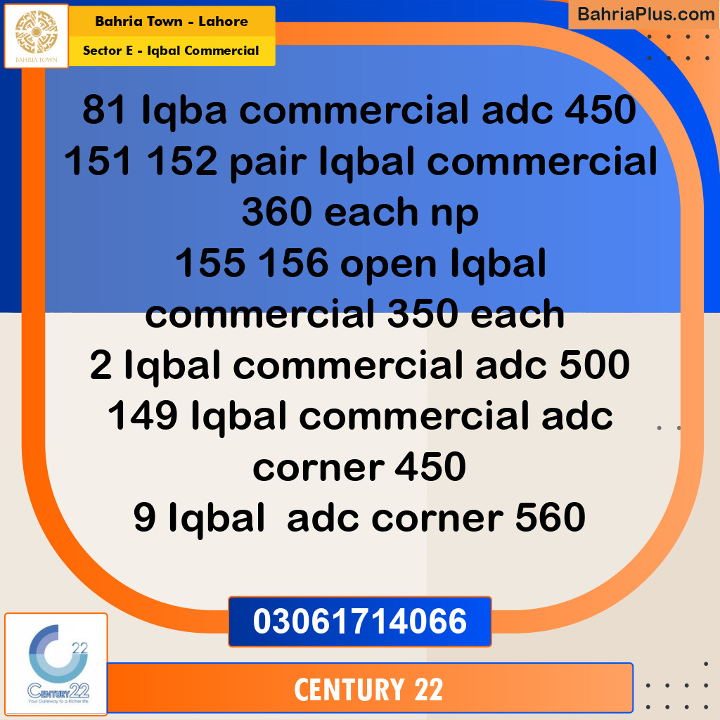 Commercial Plot for Sale in Sector E - Iqbal Commercial -  Bahria Town, Lahore - (BP-312278)