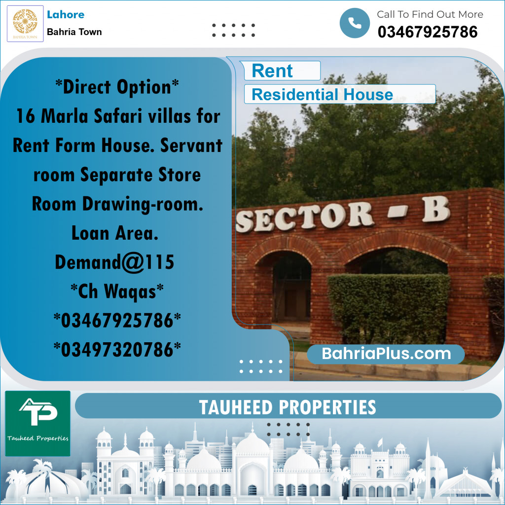 16 Marla Residential House for Rent in Bahria Town, Lahore - (BP-312320)