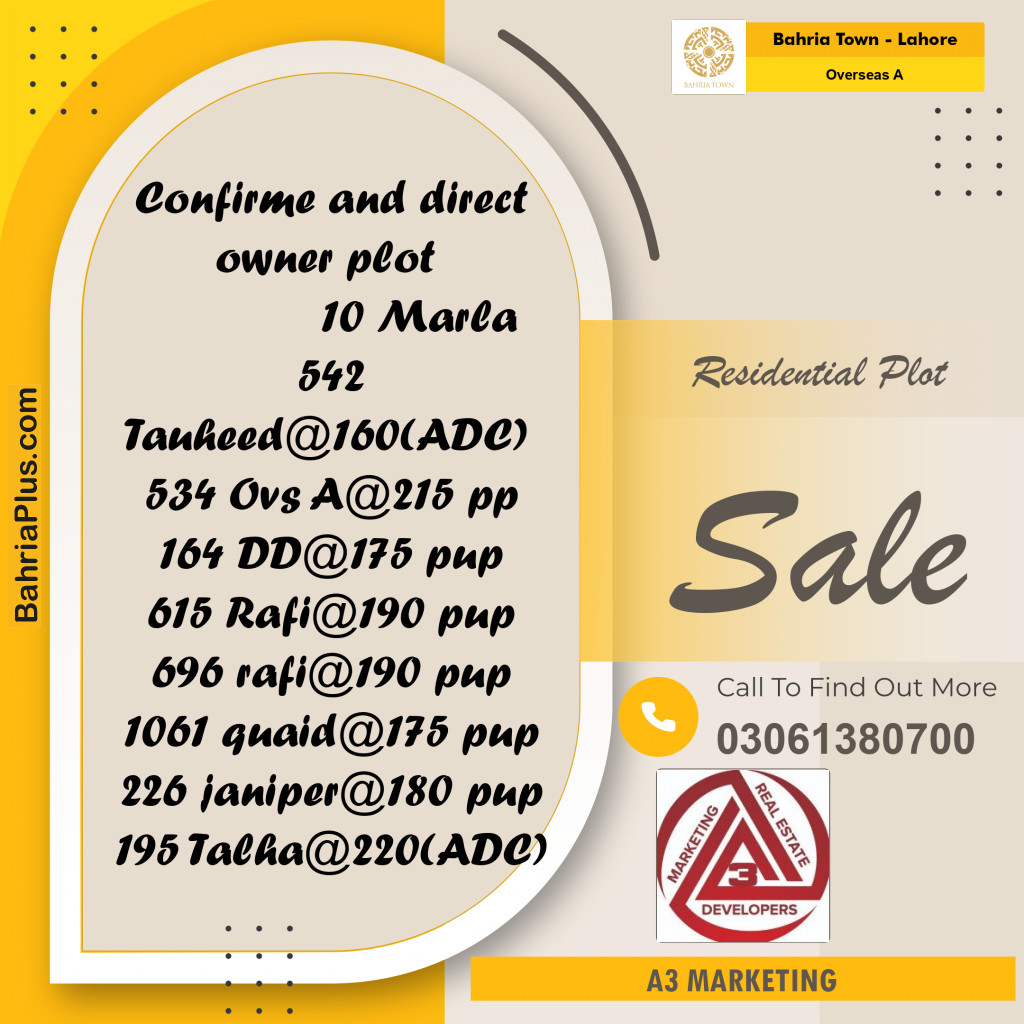 10 Marla Residential Plot for Sale in Overseas A -  Bahria Town, Lahore - (BP-312442)