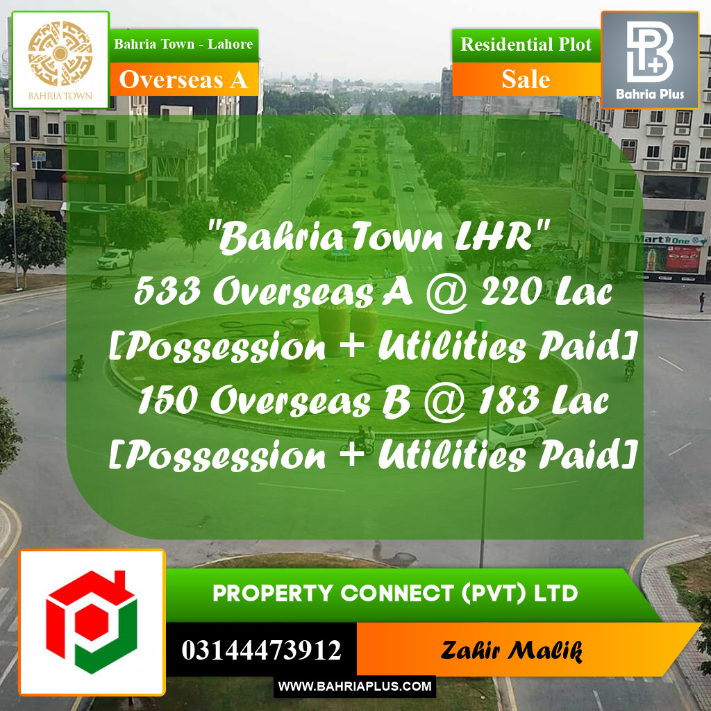 10 Marla Residential Plot for Sale in Overseas A -  Bahria Town, Lahore - (BP-312551)