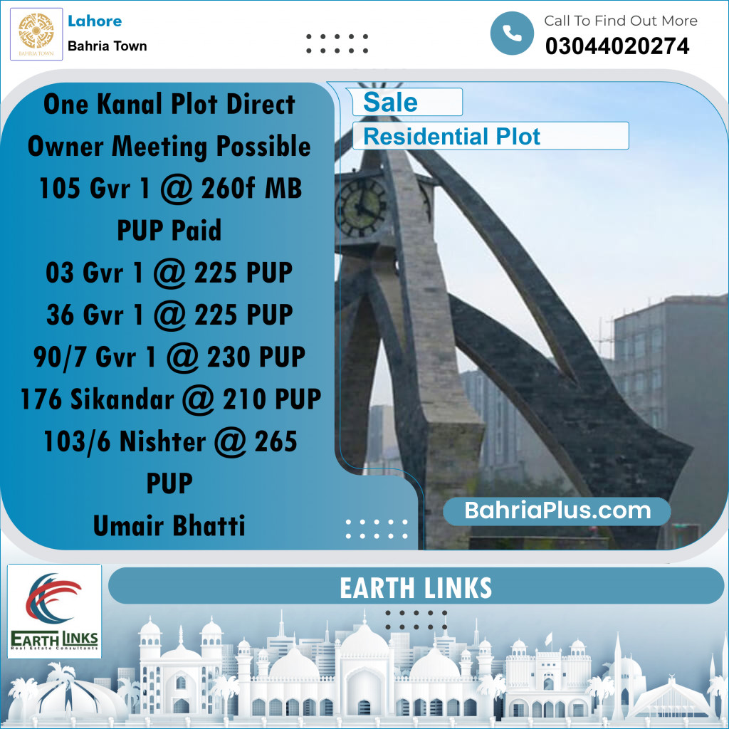 1 Kanal Residential Plot for Sale in Bahria Town, Lahore - (BP-312569)
