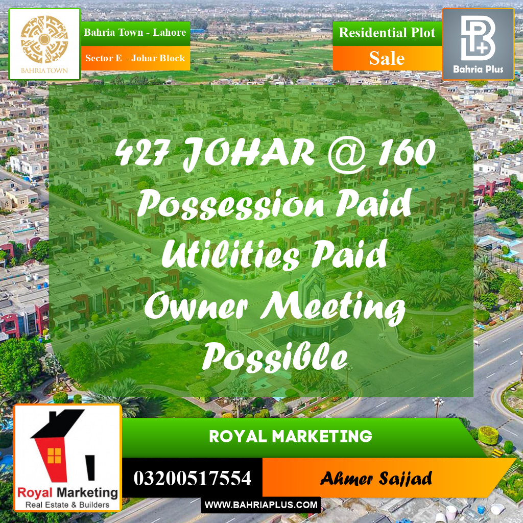 10 Marla Residential Plot for Sale in Sector E - Johar Block -  Bahria Town, Lahore - (BP-312869)