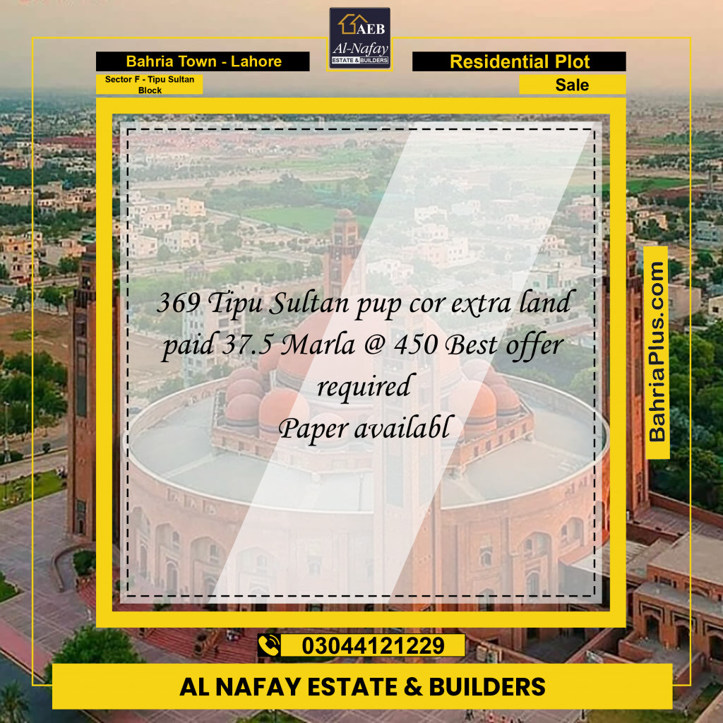 1 Kanal Residential Plot for Sale in Sector F - Tipu Sultan Block -  Bahria Town, Lahore - (BP-313097)
