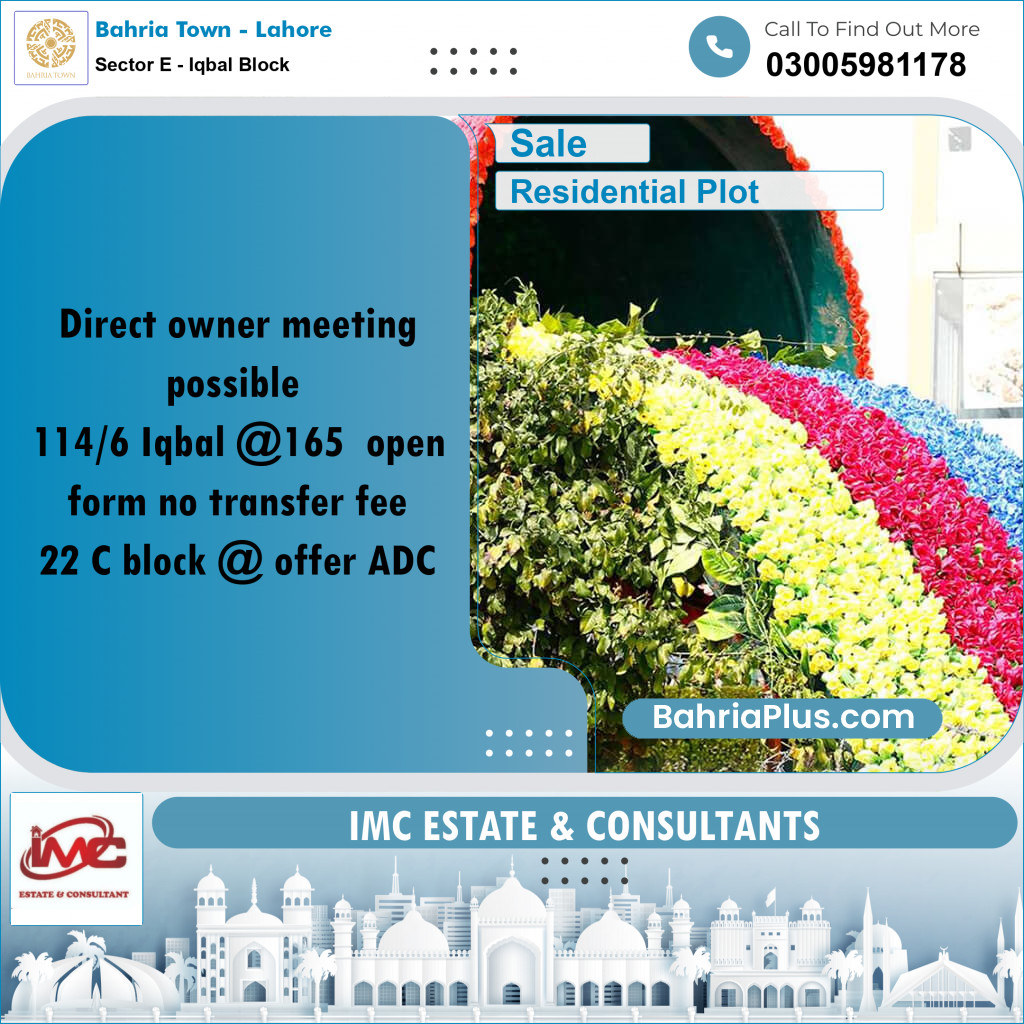 10 Marla Residential Plot for Sale in Sector E - Iqbal Block -  Bahria Town, Lahore - (BP-313110)