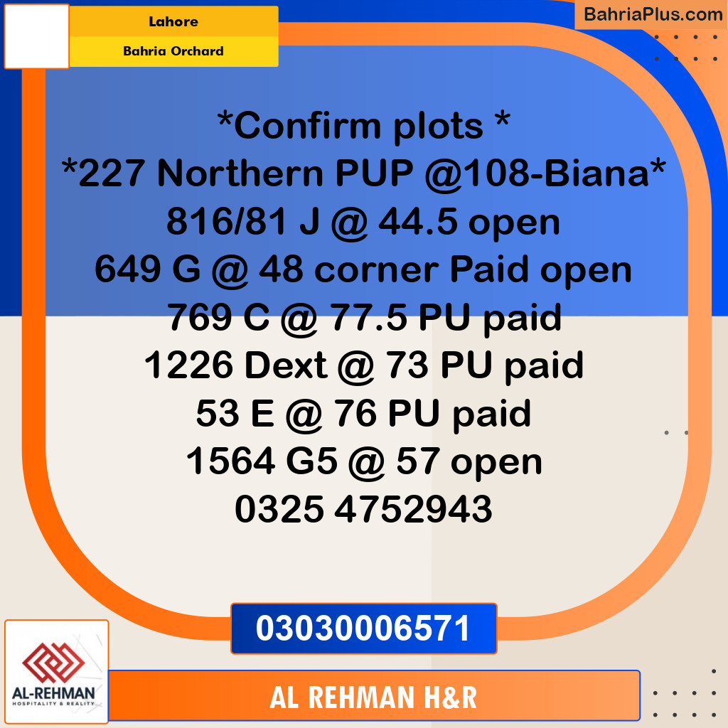 10 Marla Residential Plot for Sale in Bahria Orchard, Lahore - (BP-313160)