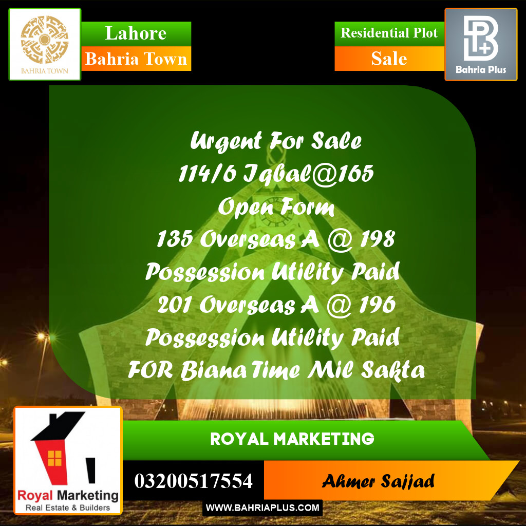 Residential Plot for Sale in Bahria Town, Lahore - (BP-313250)